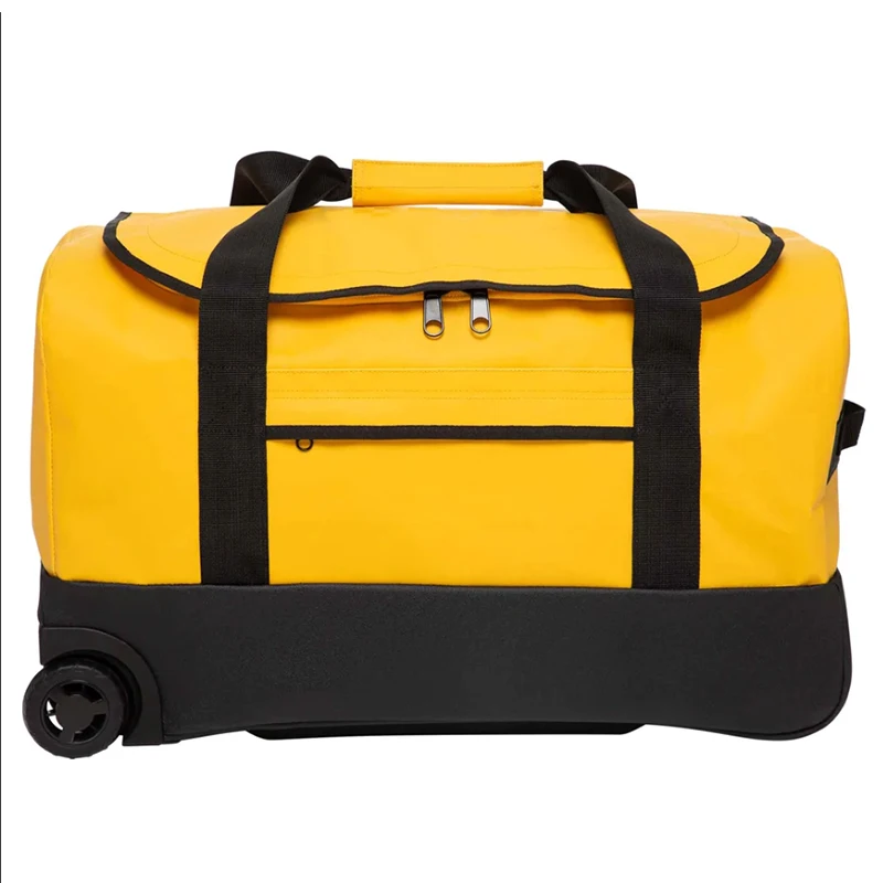 70L Rolling Duffel Bag Waterproof Trolley Travel Luggage Bag Yellow Coated Upright Wheeled Luggage Bags
