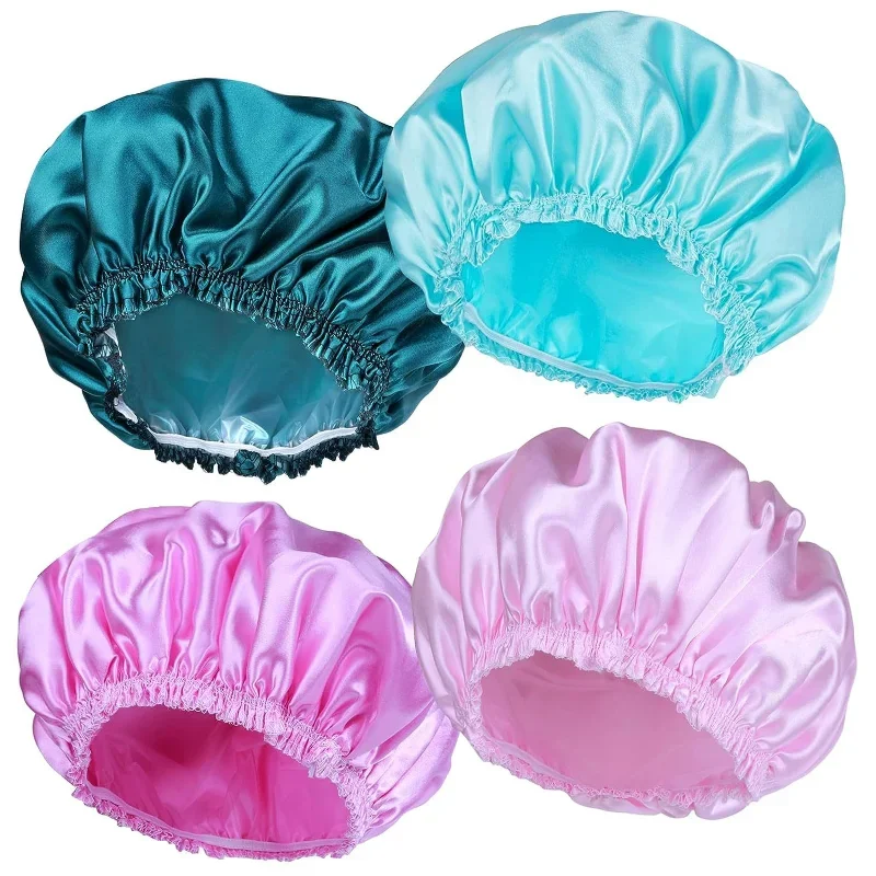 Double Waterproof Layers Shower Cap Elastic Reusable Bath Caps Protection Hair Bath Hat for Bathing Cooking Baking Cleaning