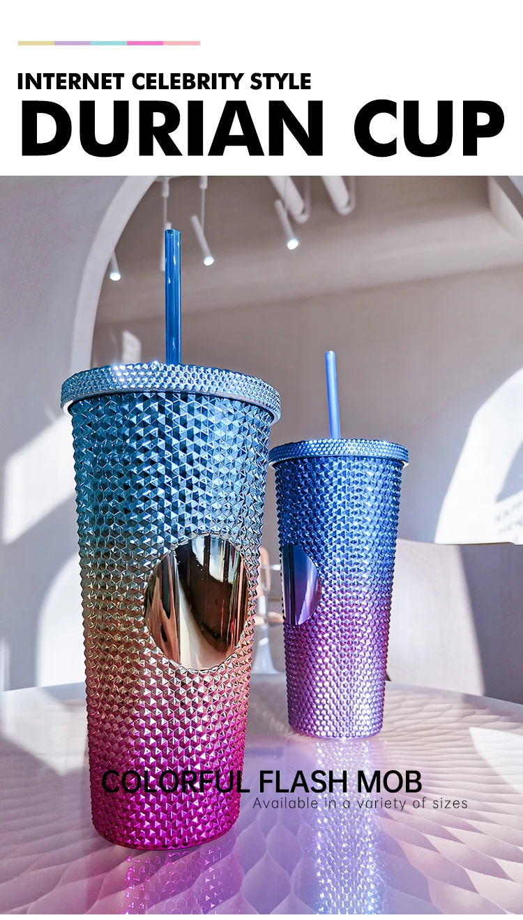 Новый Специальный разноцветный дуриан блеск со стразами с двойными стенками 700 мл стакана воды лазером, печать под заказ, большой размер