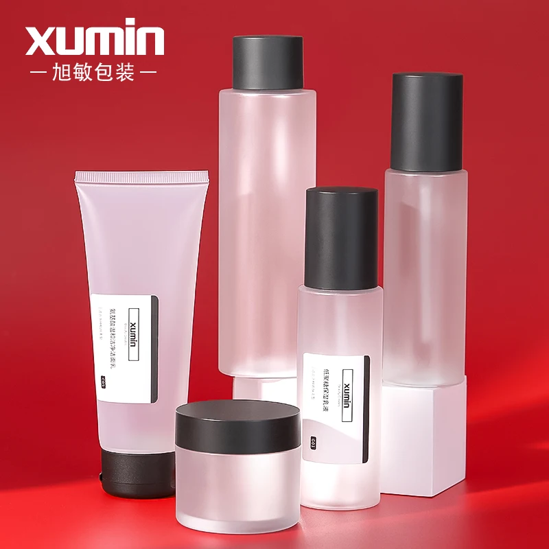 plastic 50g cream jar 100 ml frosted spray bottle and 100ml Squeeze tube and 200ml lid bottle frosted lotion skin care packing