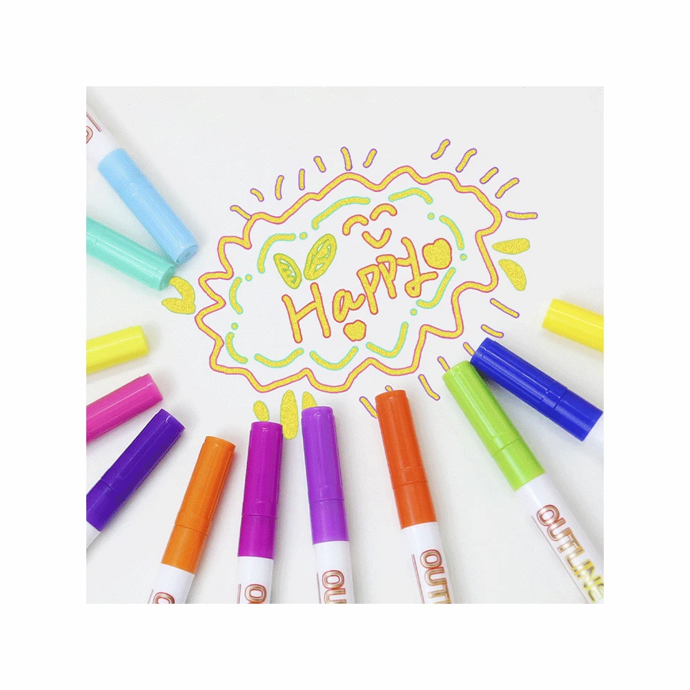 Customized Logo 12 Colors 3.0 MM Gold Double Line Marker Pen Set Metallic Outline Marker Pen