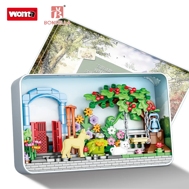 WOMA TOYS 2023 Factory Hot Sale Kids Girl Garden Set Cat Dog Small Building Block Brick Metal Box Christmas Birthday Gift Toy