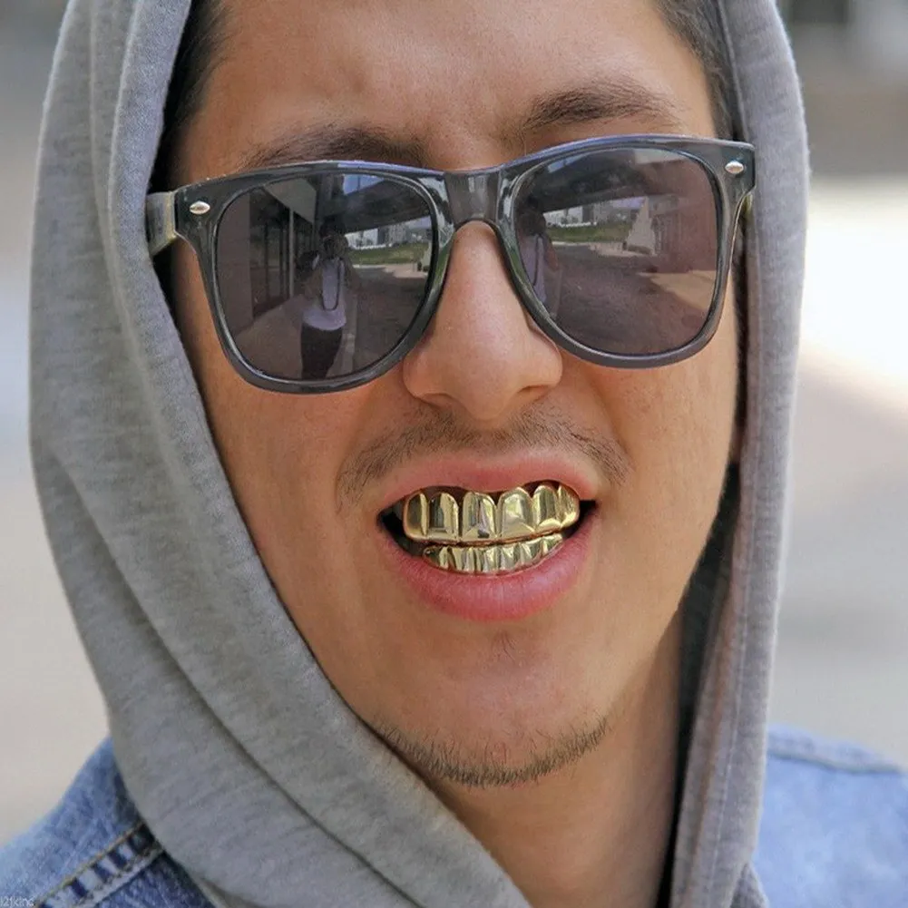 Men Women Body Jewelry Iced out Hip Hop Top Bottom Teeth Grillz Gold Silver Color False Teeth Bump Lattice Dental Grills Set