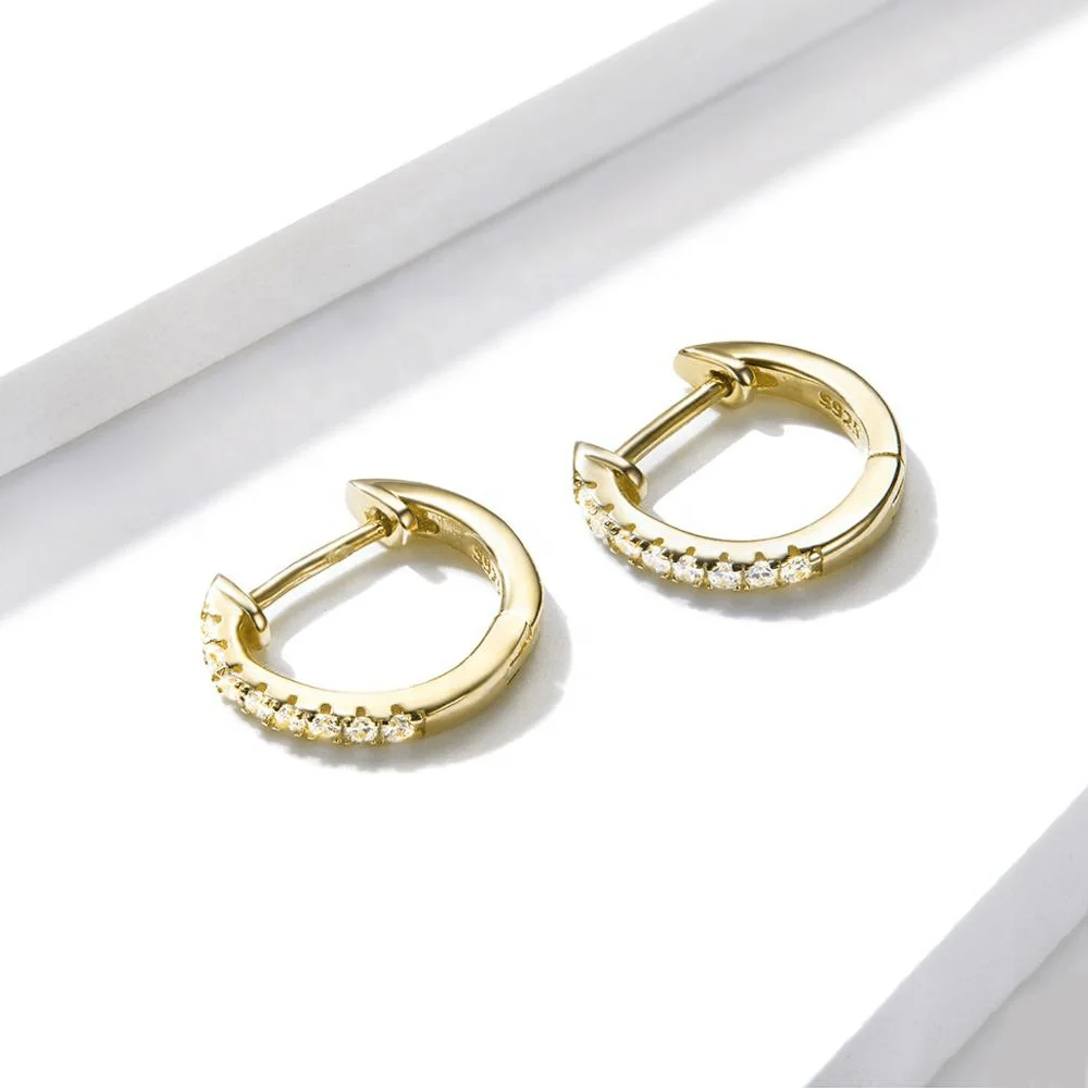 GE05 Luxury Hot 14K Gold Plated Cubic Zirconia Cuff Earrings 925 Sterling Silver Huggies Stud Hoop Earrings for Women