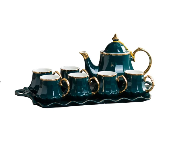 Royal Style Ceramic Coffee Tea Set Included Teapot Tea Cup And Tray Gold Trim Service For 6 Housewarming Gift For Tea Lovers