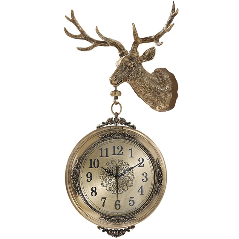 Home Decor Metal Crafts European Silent Wall Clock Brass Deer Head Wall Hanging Living Room American Clock Decoration Gift