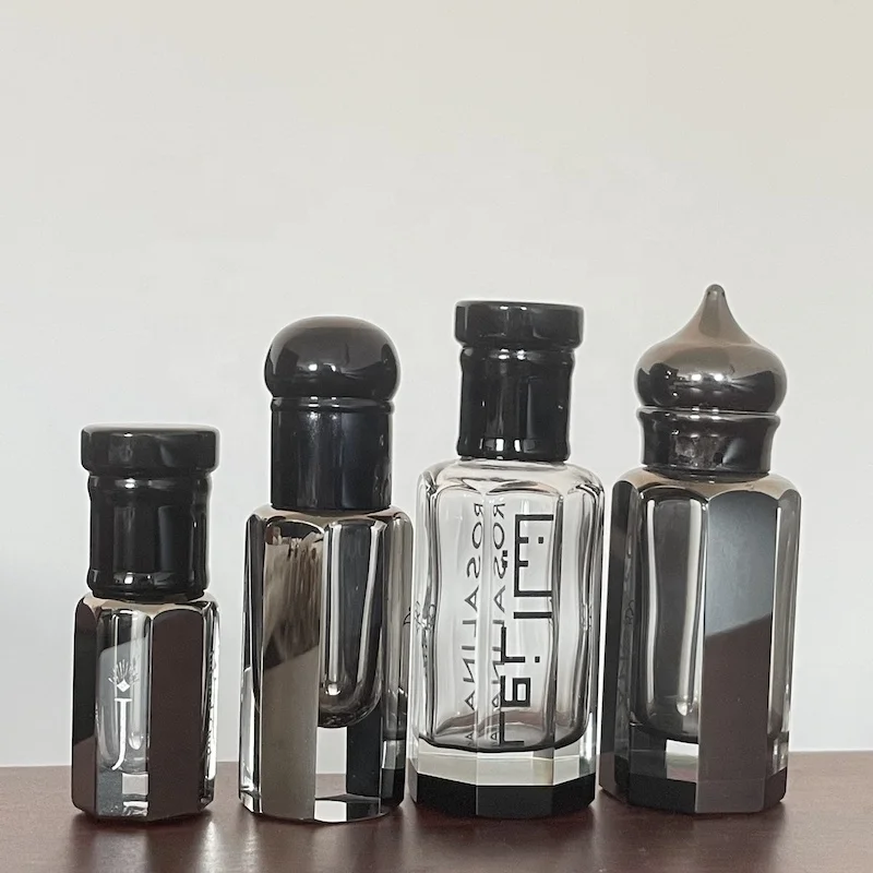 Boming Wholesale custom 3ml 6ml 12m black arabic perfume oud octagon attar glass essential oil  bottles