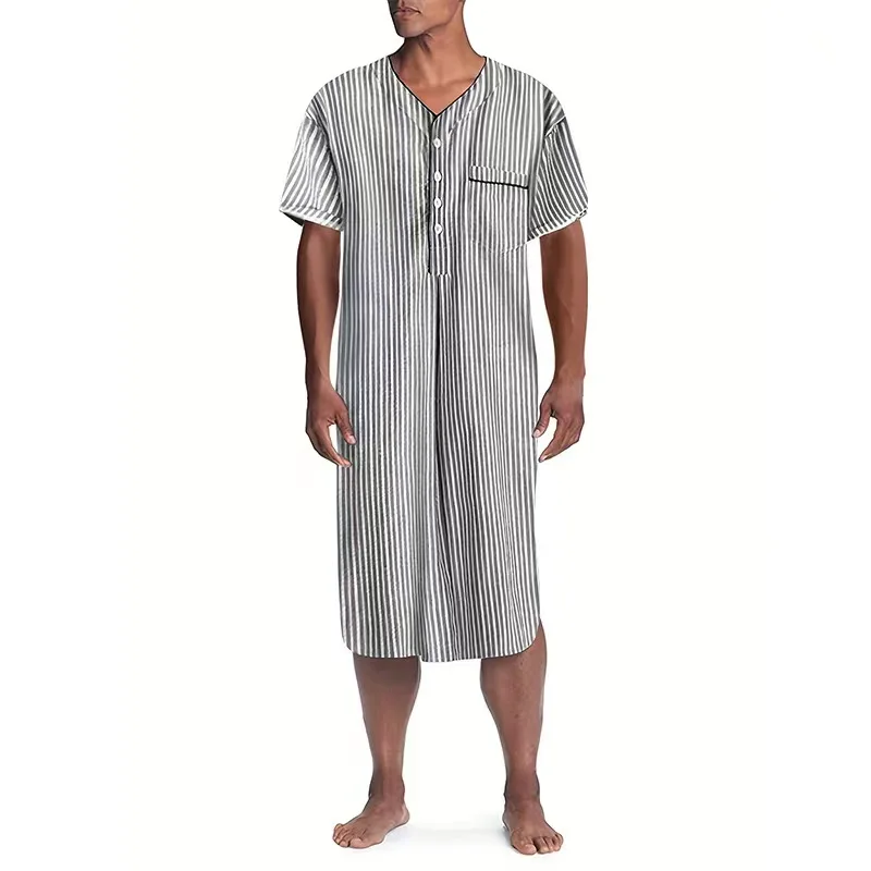 2024 new style men summer spring wear pajamas turkey Muslim sleepwear striped printed Deep V neck button loose  long sleep shirt