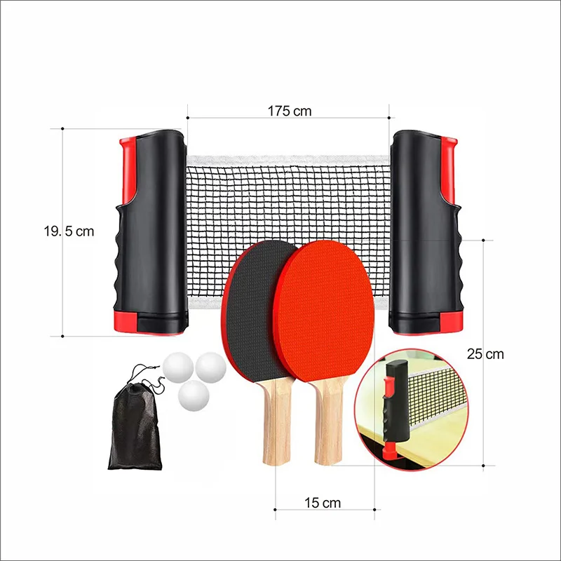 Ping Set 4 player Professional Wood Table Tennis Racket  Bat Set 4 Balls with Portable Net