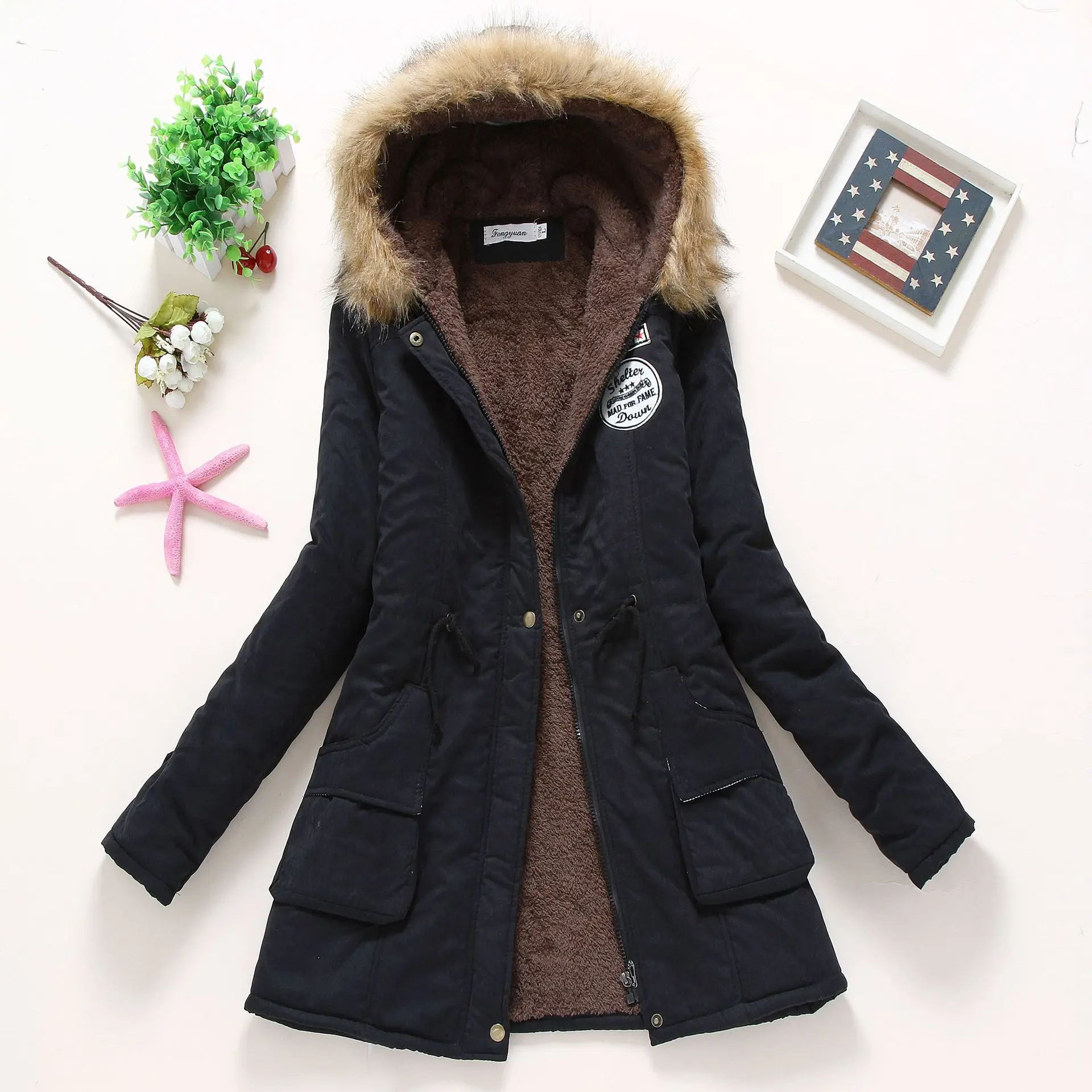 Wholesale Lady Fur Collar Long Hoodies Warm Jackets Plus Size Winter Coat Women Parka Jackets