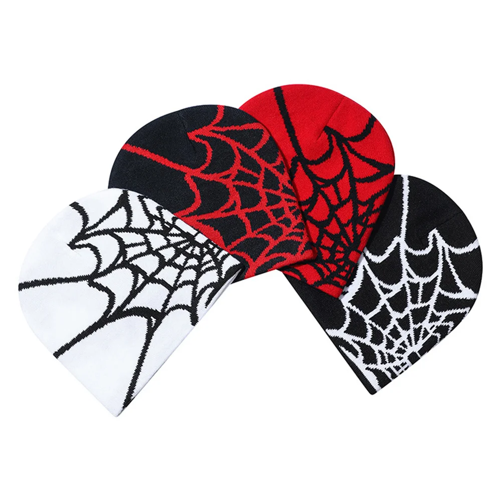 Wholesale Knitted Spider Web Beanie Winter Hat Y2K Style Cuffless Jacquard Custom Beanie All Over Print Pattern Beanie Cap Logo