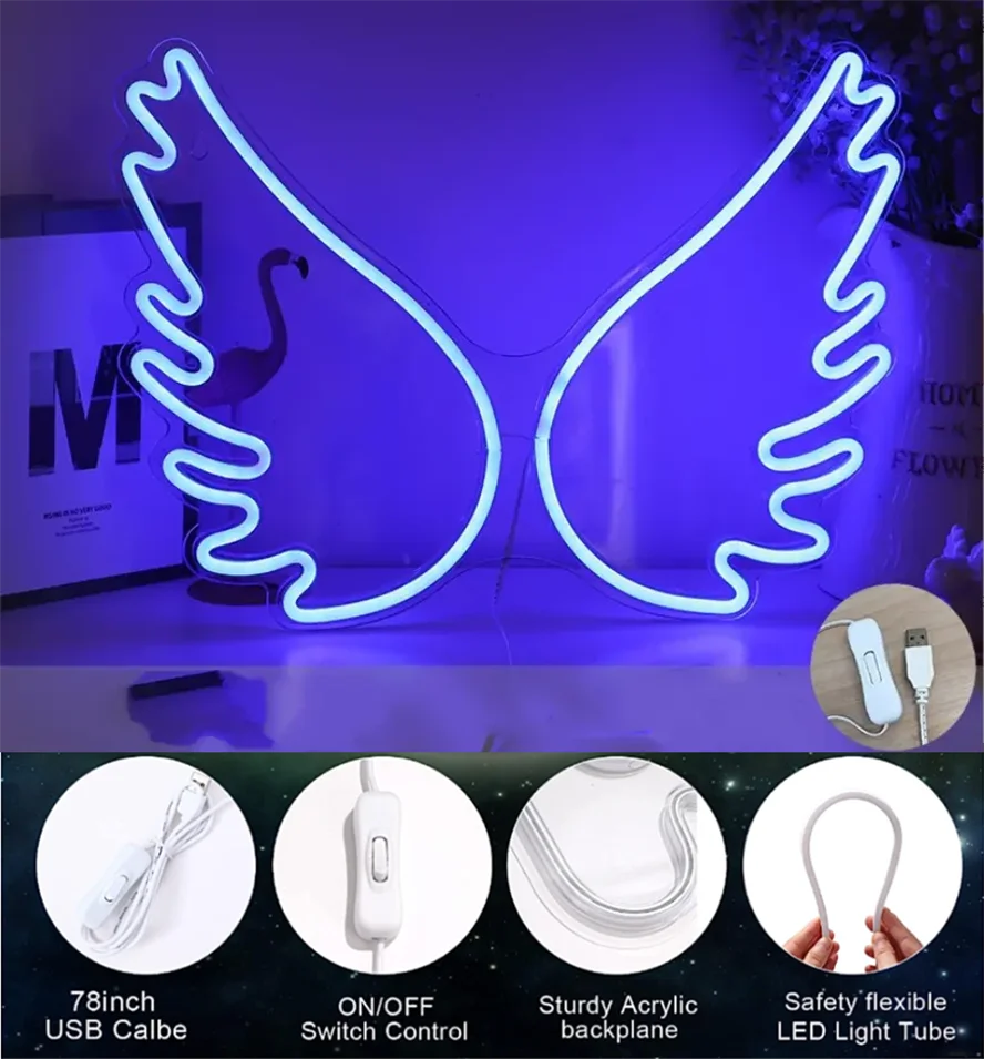 3D Art Hanging Acrylic Neon Light USB Powered Night Lamp Led Angel Wings Neon Sign For Wall Kids Room Wedding Party Bar Decor