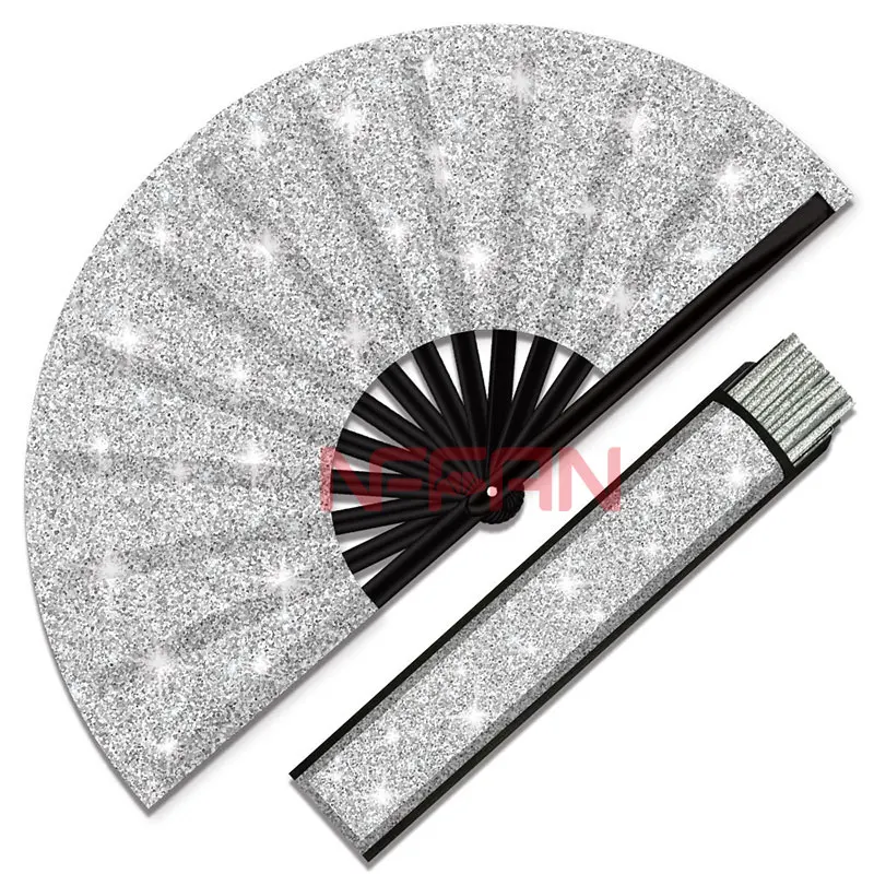 New Style Large Glitter Folding Bamboo Fabric Clack Rave Fans with Holster