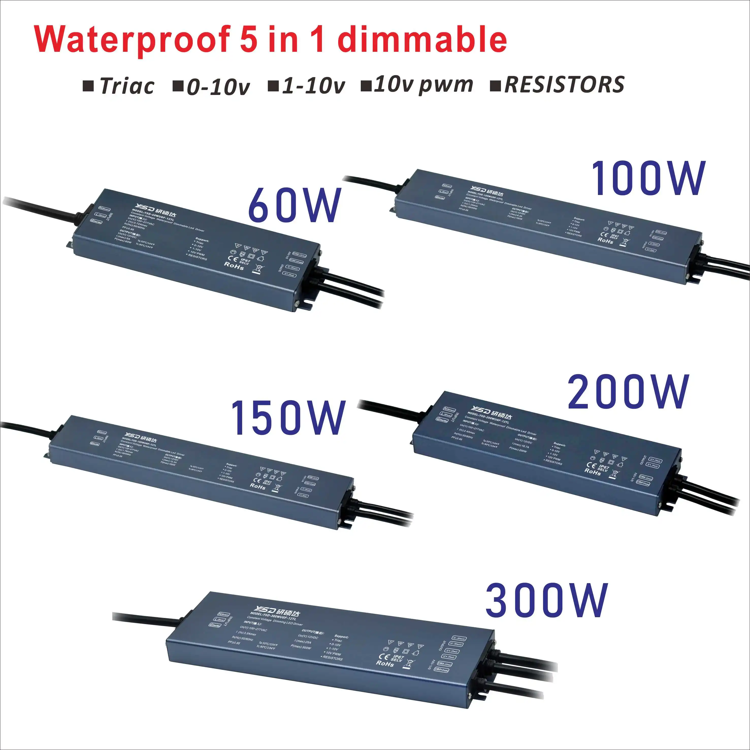 YSD 75W 100W 150W 200W 300W 24V 12V IP67 Dimmable Constant Voltage Strip Lighting Power Supply Led Driver