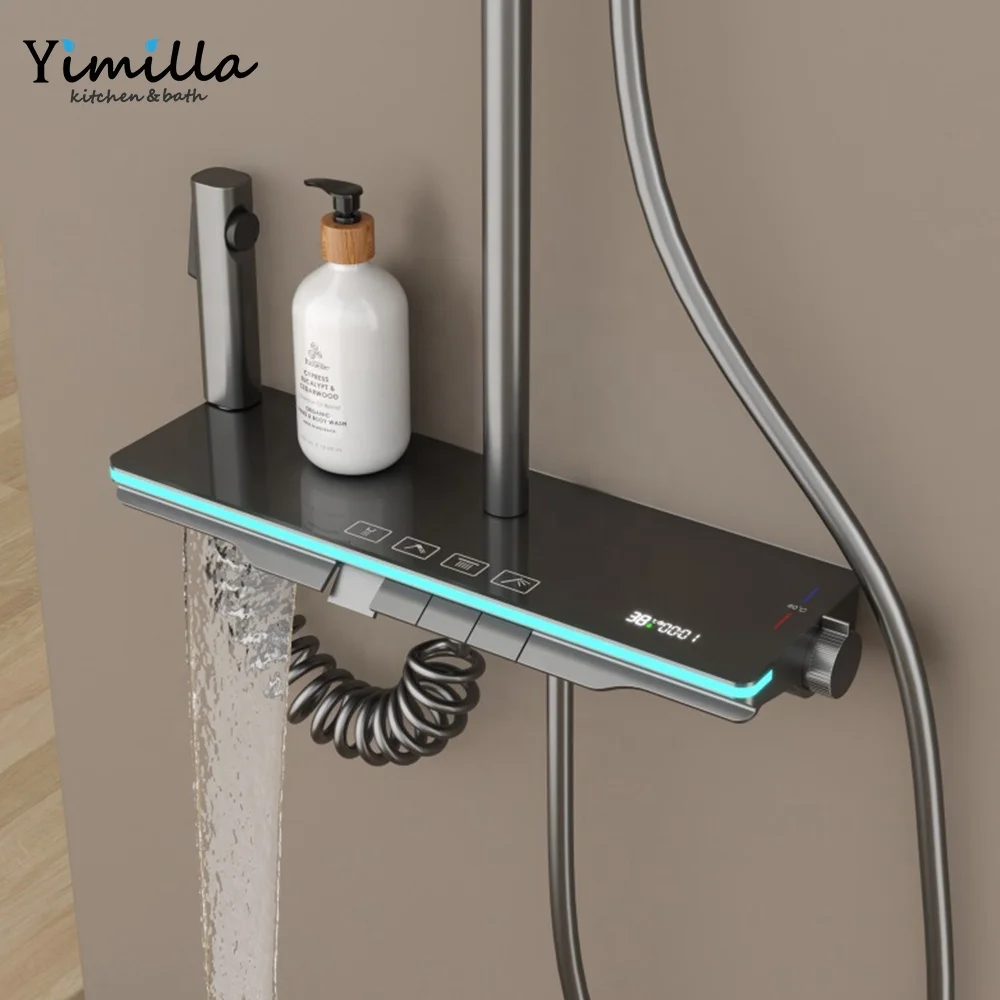 Gun gray hydropower atmosphere lamp shower set waterfall digital LED light Bathroom shower set with filter spray