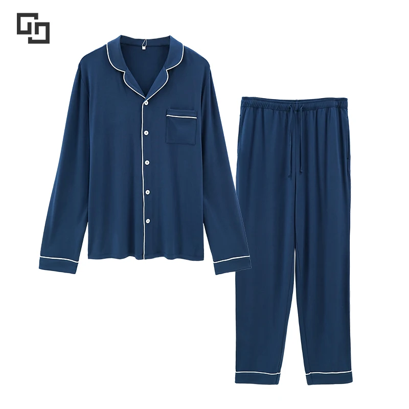 Wholesale Contrast Piping Men Loungewear Set Long Knit Fabric Modal Pajamas