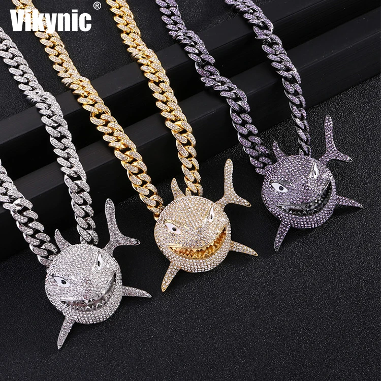 
Hip hop 18k Gold Plated Colored Shark Charm Pendant Cubic Zircon CZ Pendant Cuban Link Iced Out Pendant 