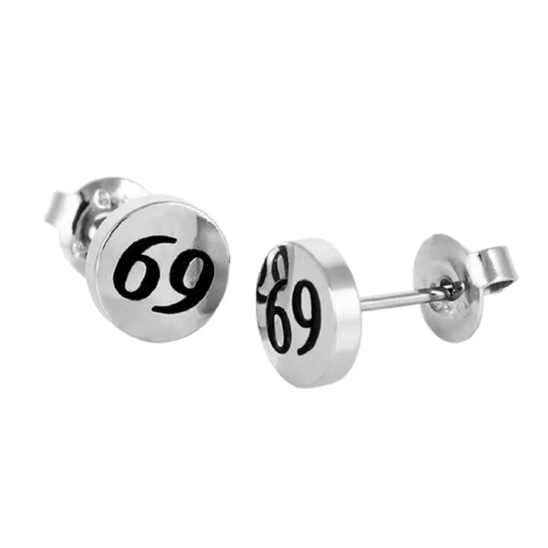 Stainless Steel Studs Earrings Round Silver Black Number 69