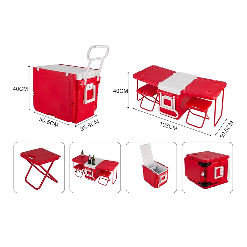 Picnic Camping Outdoors Multifunction Plastic Table Box 28L Ice Chest Cooler With Wheels Chairs