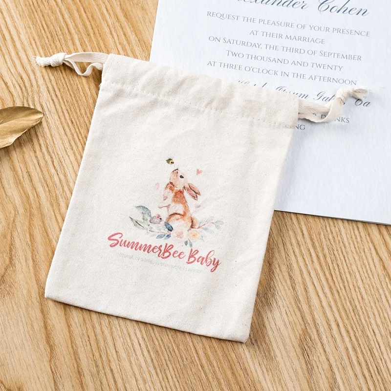 Customized logo mini small luxury plain thick canvas cotton string drawstring pouch bag