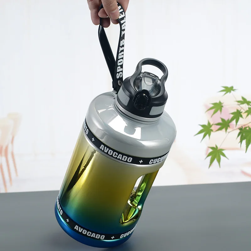 New Arrival Dazzling 2200ml  Large Capacity Double Wall Gym Sports Plastic Water Bottle With Straw And Handle