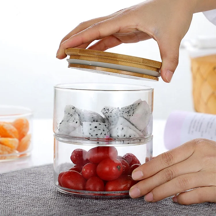 Mouth Blown 3 and 4 layers Stackable Bamboo Wood Seal Lid Glass Storage Jar with Wooden Lid