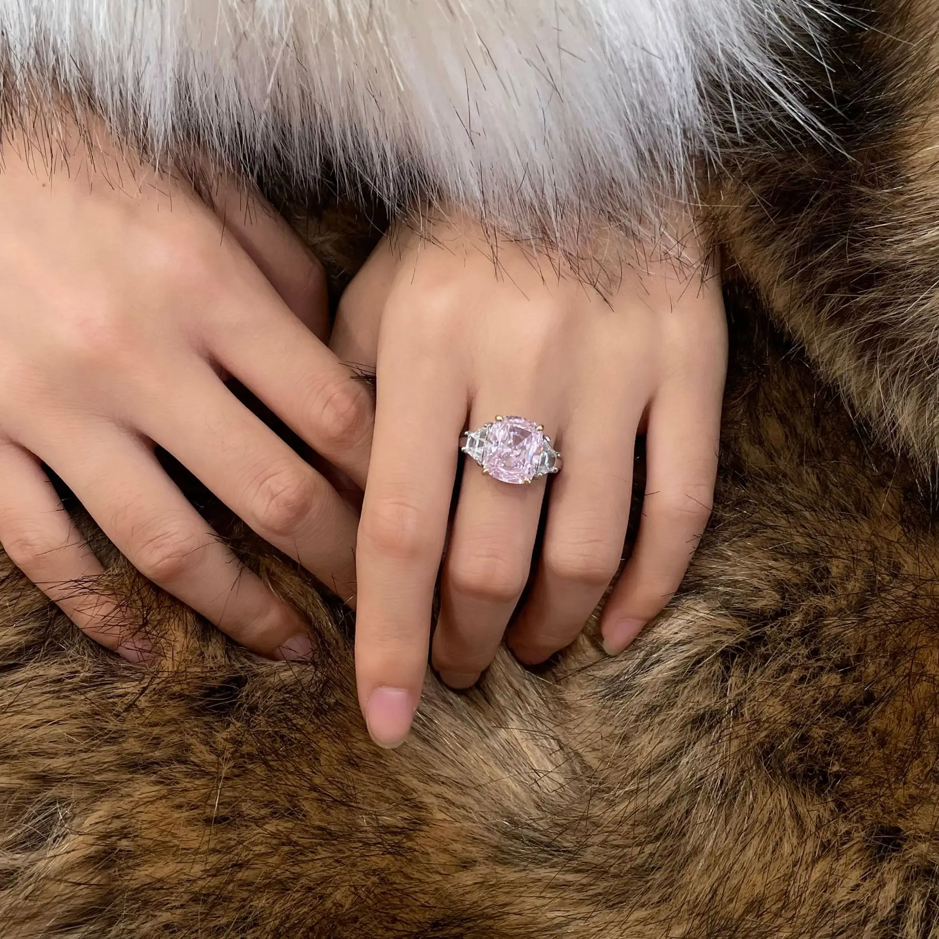 Square diamond shaped artificial high carbon diamond S925 silver ring