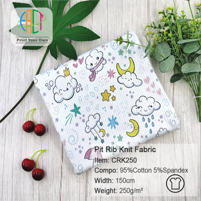 Лидер продаж, трикотажная ткань в рубчик с индивидуальным принтом, мягкая эластичная хлопковая ткань из спандекса, трикотажная ткань для малышей 250 г/м2, без минимального заказа