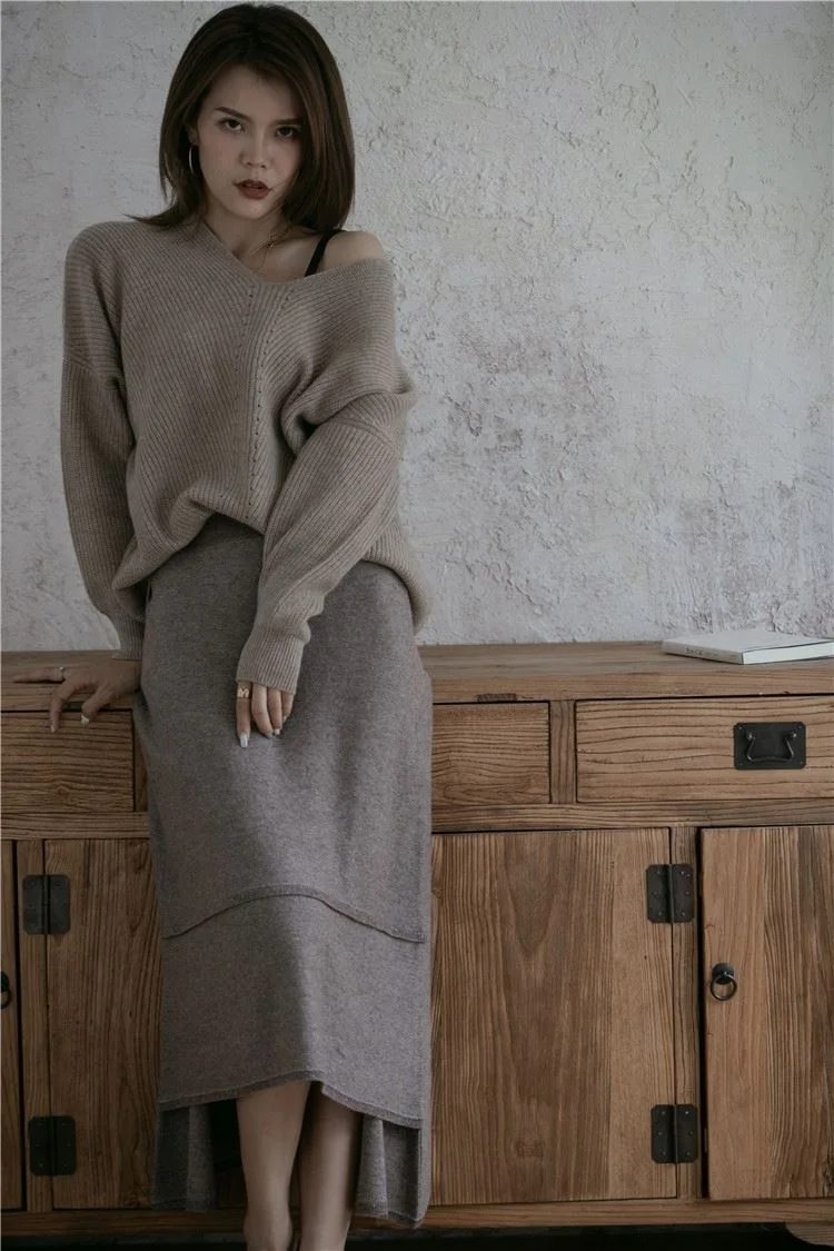 New Design 100%Cashmere Thicken Casual Irregular Hem Long Cashmere Skirt For Women For Wholesales