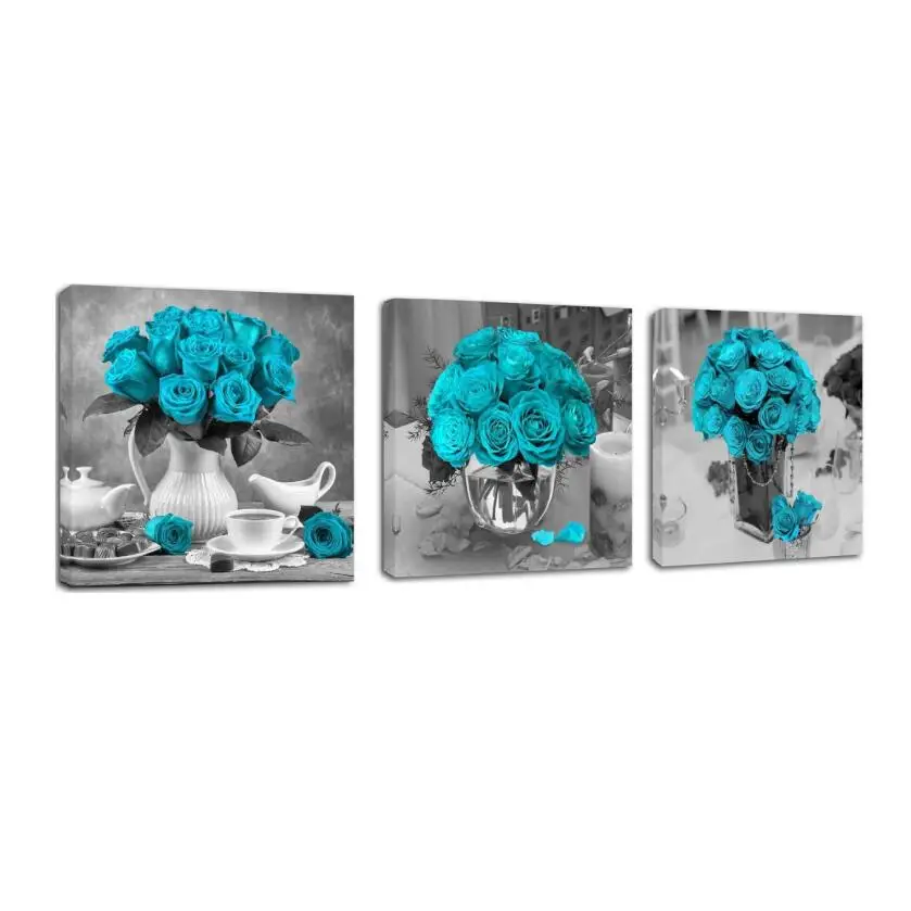 Deco Canvas Picture Frame Flowers Living Room Art Contrast Color Blue 3 Pieces Modern Flower Printing Canvas Painting Wall Art