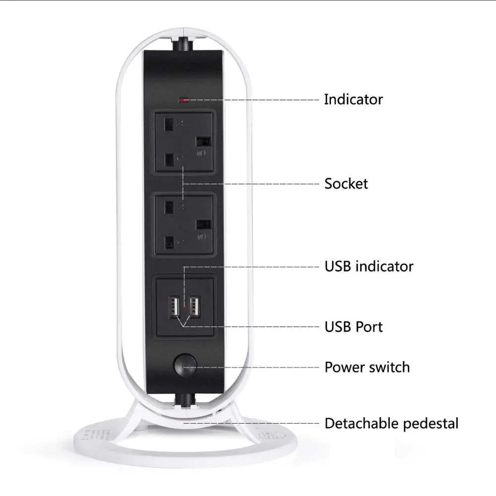 
Vertical Power Strip Multi-sockets 6 Outlets and 2 USB, 2500W, 110-250 Worldwide Voltage Tower Power Socket Outlets 