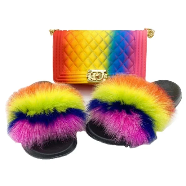 Заводская распродажа 2021, красочные желейные сумочки, кошелек, сумка и роскошные меховые тапочки, комплект из двух предметов для женщин