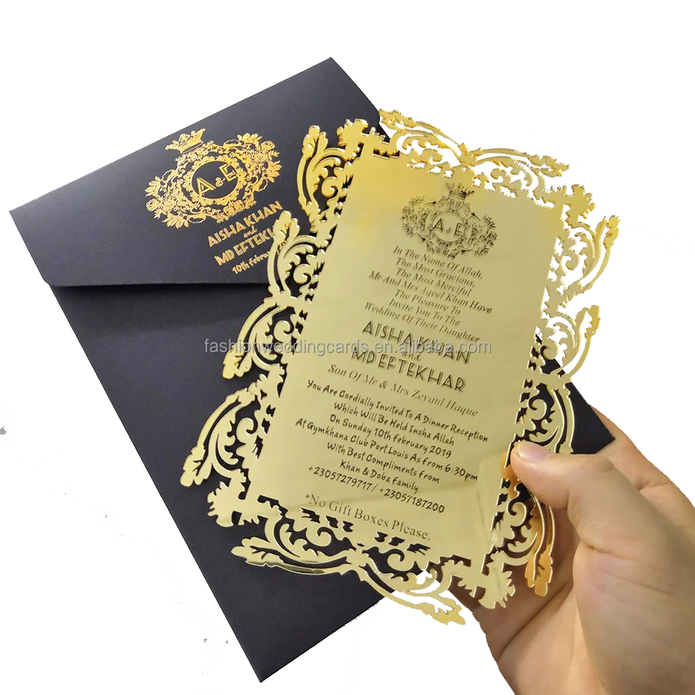 New designs Custom Gold Mirror laser cut Acrylic Wedding Invitations with hot stamp text birthday invitation cards menu cards