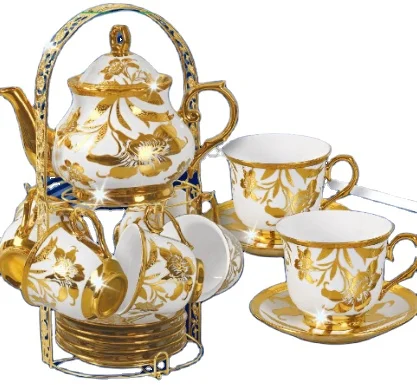 
13pcs with stand Porcelain tea set, cup and saucer, gold plated tea set 