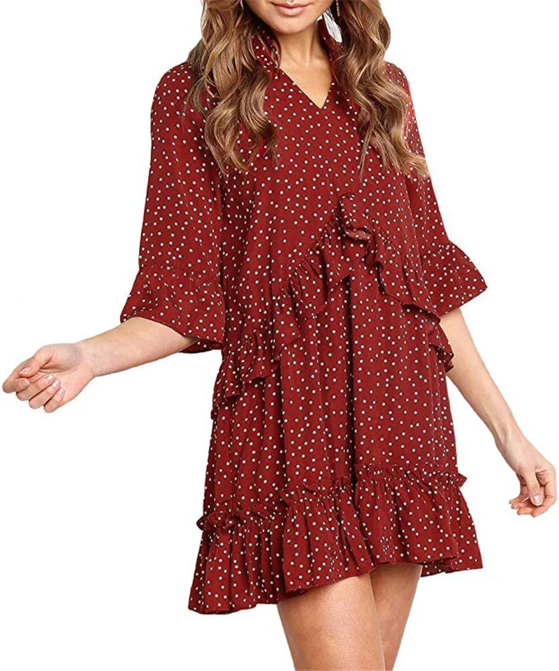 
2021 New summer hot sale dot joint mid sleeve ruffle short Chiffon dresses women fashion 