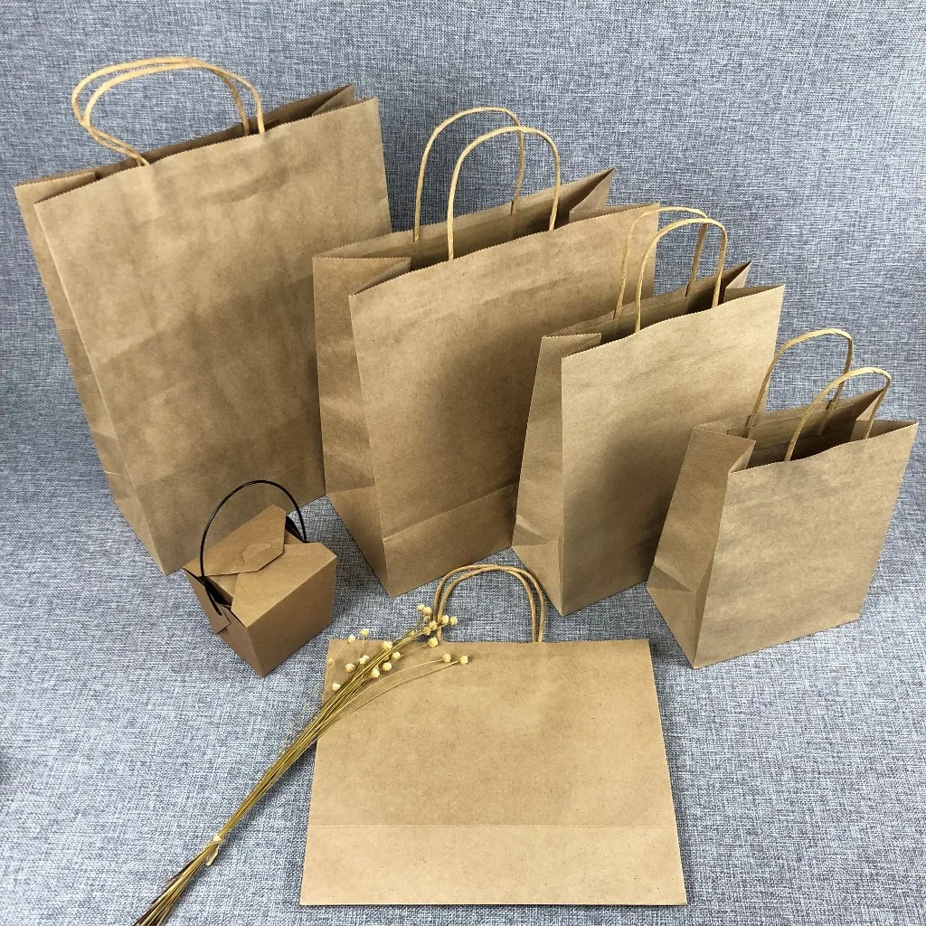 G25 15% off personalized kraft paper bag with handles square bottom brown reusable coffee fast food packaging wholesale