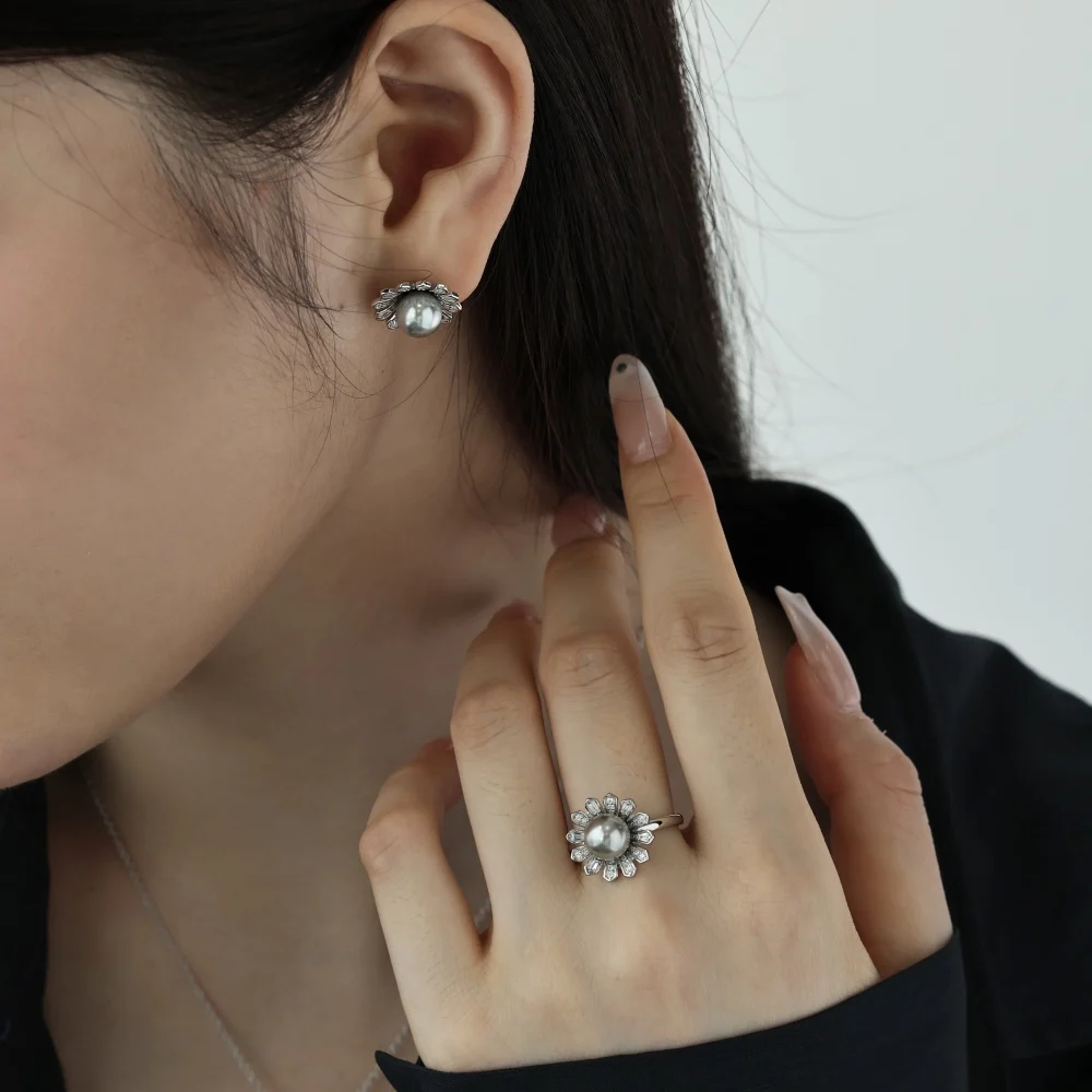 Dylam Elegant Design Hypoallergenic S925 Silver Rhodium Plated Shell Pearl 5A Zirconia Necklace Earrings Ring Women Jewelry Set