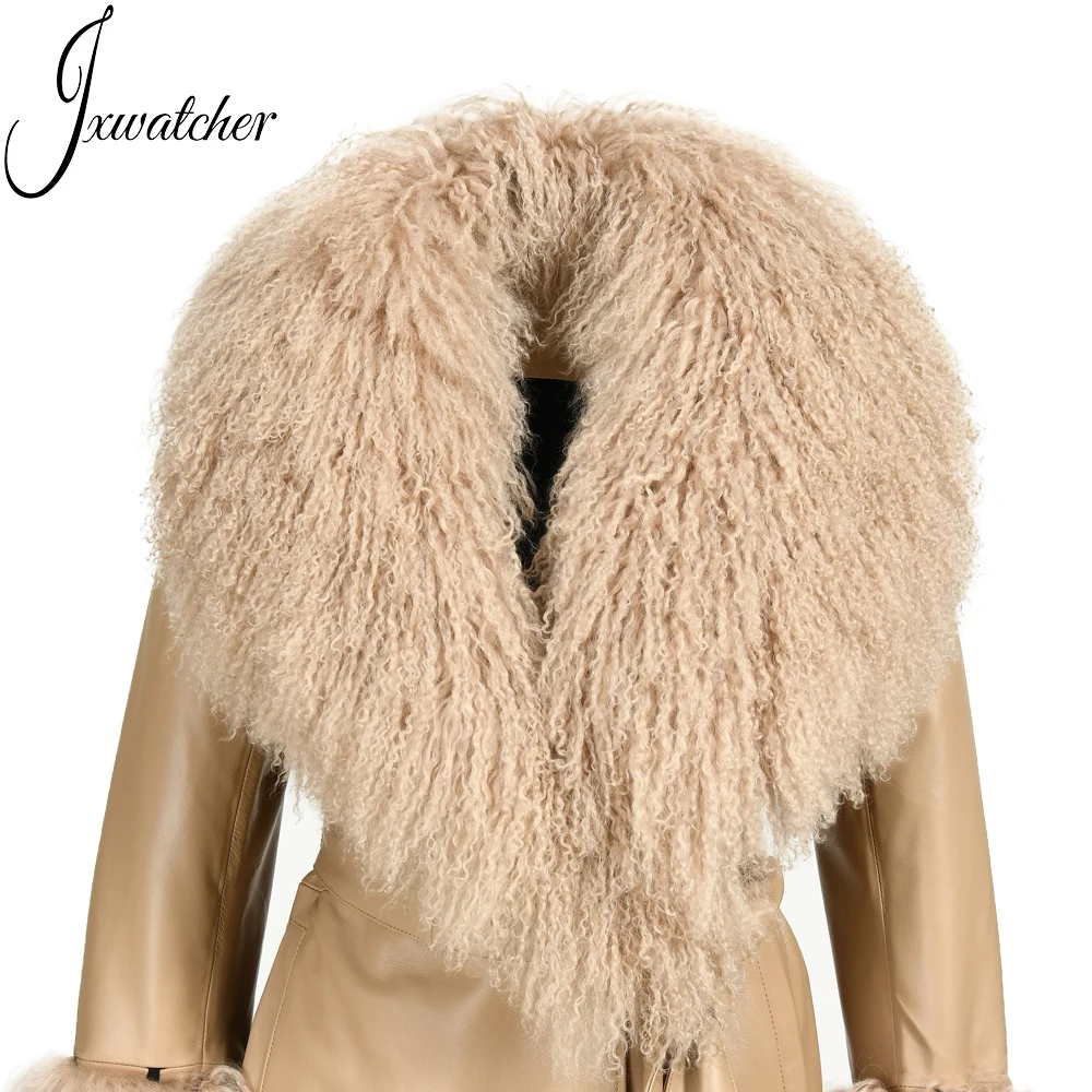 Оптовая продажа двубортное пальто из натуральной овчины с меховым воротником в монгольском стиле Осенний Тренч лацканами кожи мехом для женщин
