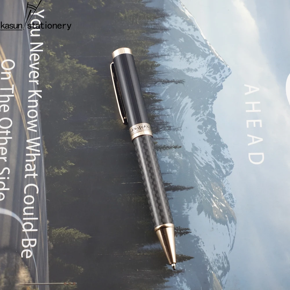 Heavy Luxury Rose Gold Metal Carbon Fiber Ball Point Pens with Engraved Pattern on the Middle For a VIP Gift