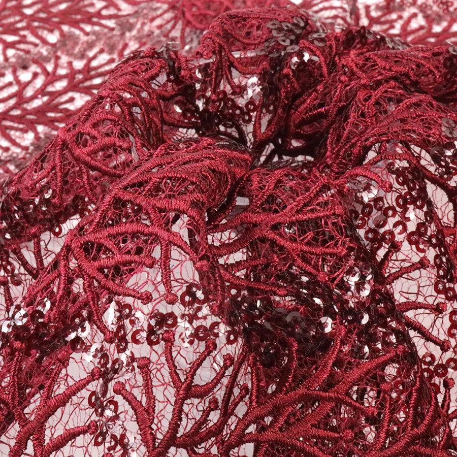 Luxury Red 4mm Transparent Spangle Embroidery Lace Spider Mesh Cup Sequin Fabric for  Wedding and  Evening Party Dress