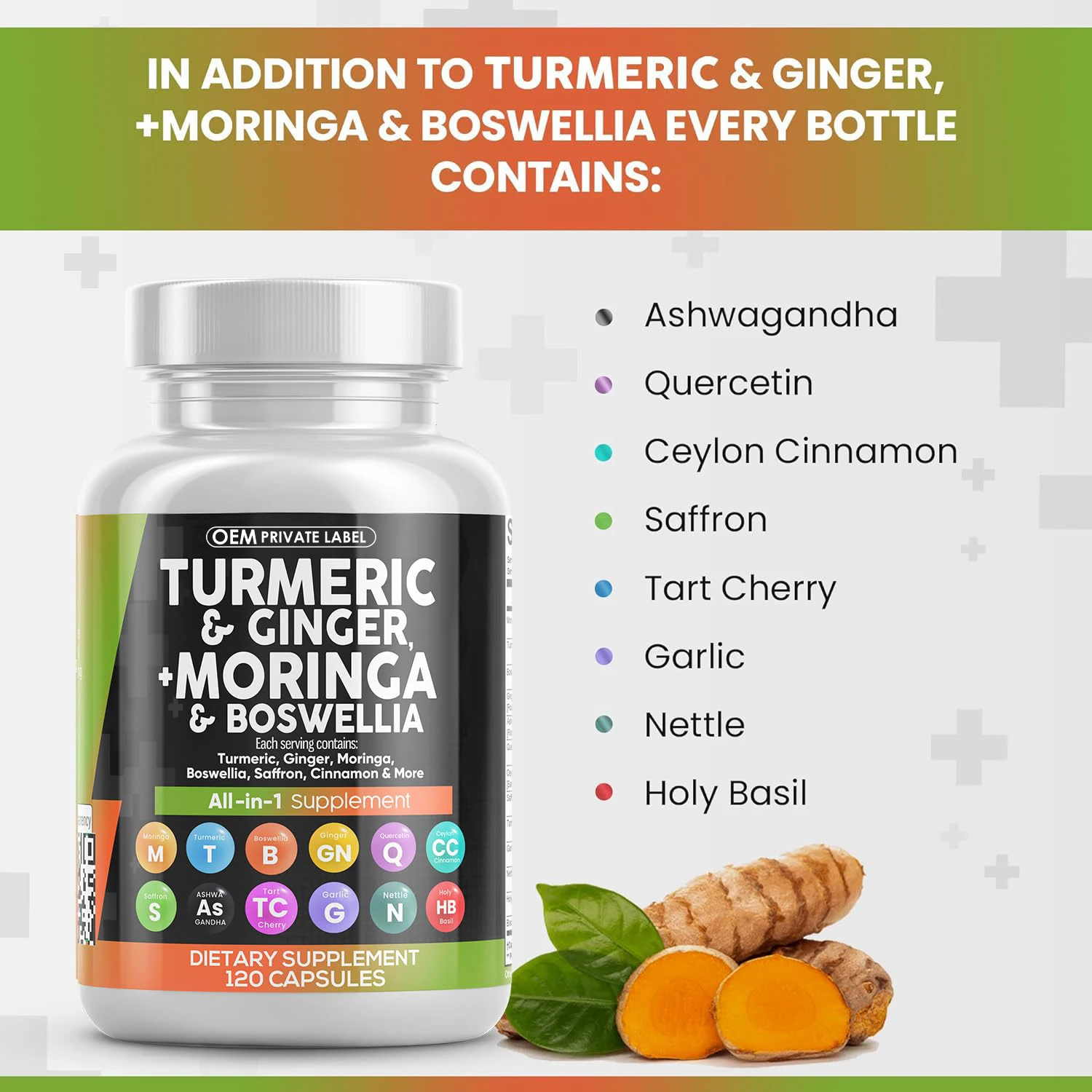 OEM Private Label Turmeric Ginger Moringa Capsules Advanced Turmeric Curcumin With Black Pepper & Ginger Supplements