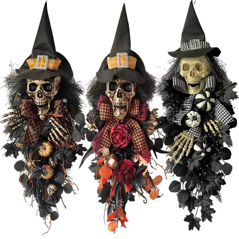 Senmasine Front Door Diy Hanging Wreath Black Artificial Leaves Bow Pumpkin Spooky Scary Skeleton Hand Witch Hat Halloween Swag