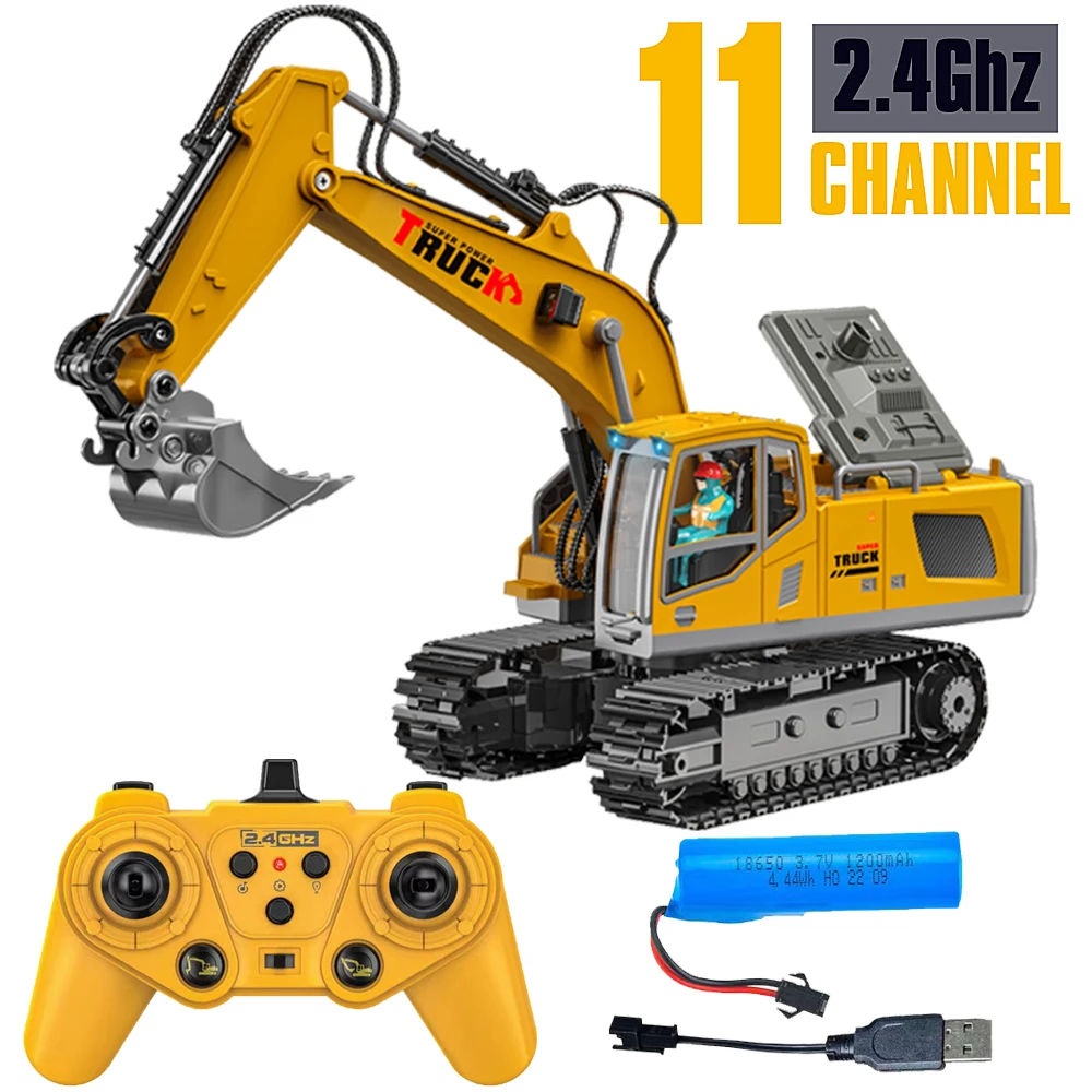 Kids rc car toy 2.4ghz remote control excavator toy shovel metal rc 11 channels remote control tow truck toy