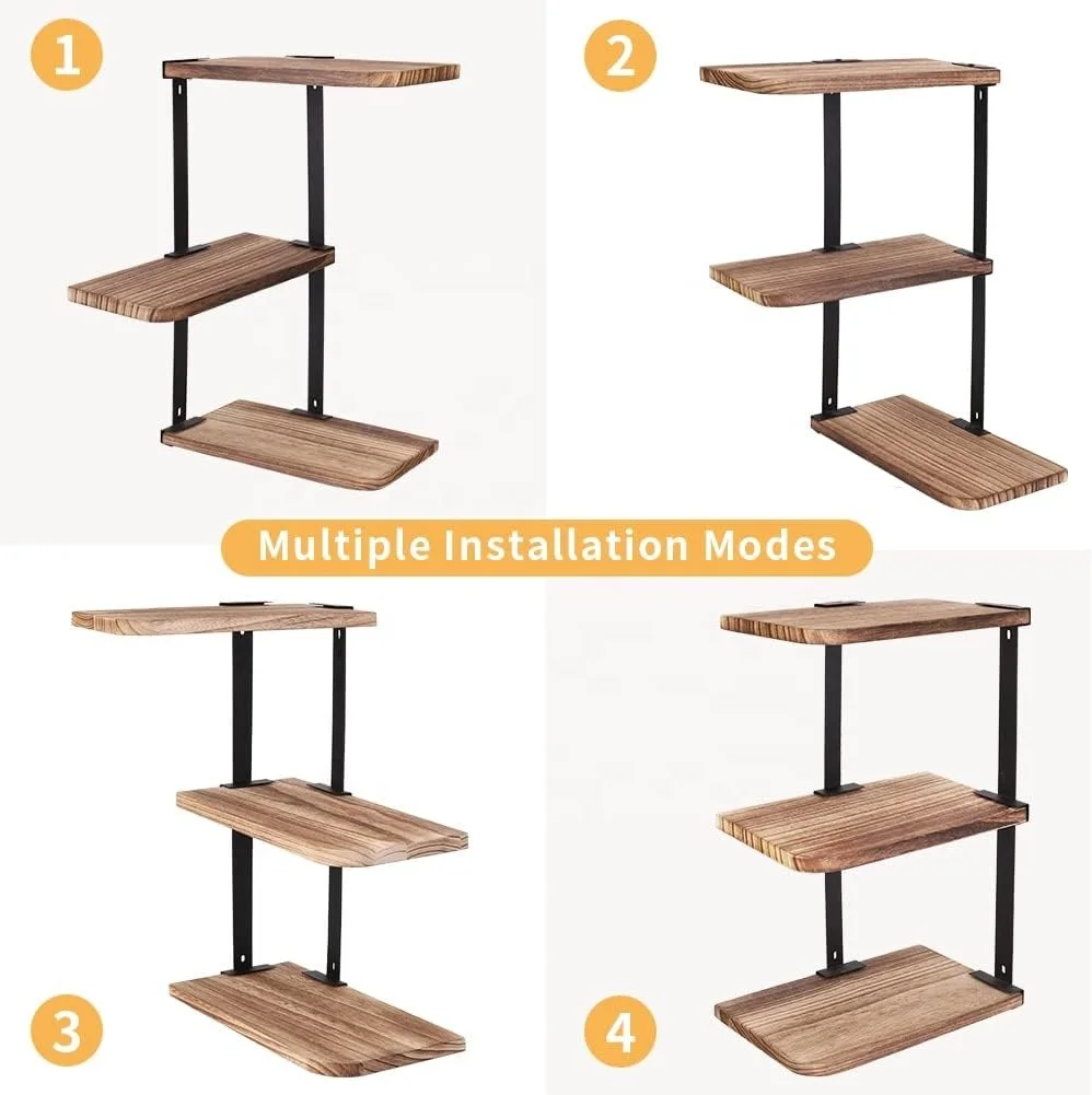 3-Tier Floating Wood Shelves for Kitchen Bathroom Living Room-Wall Mounted Display Rack Decor Corner Shelf
