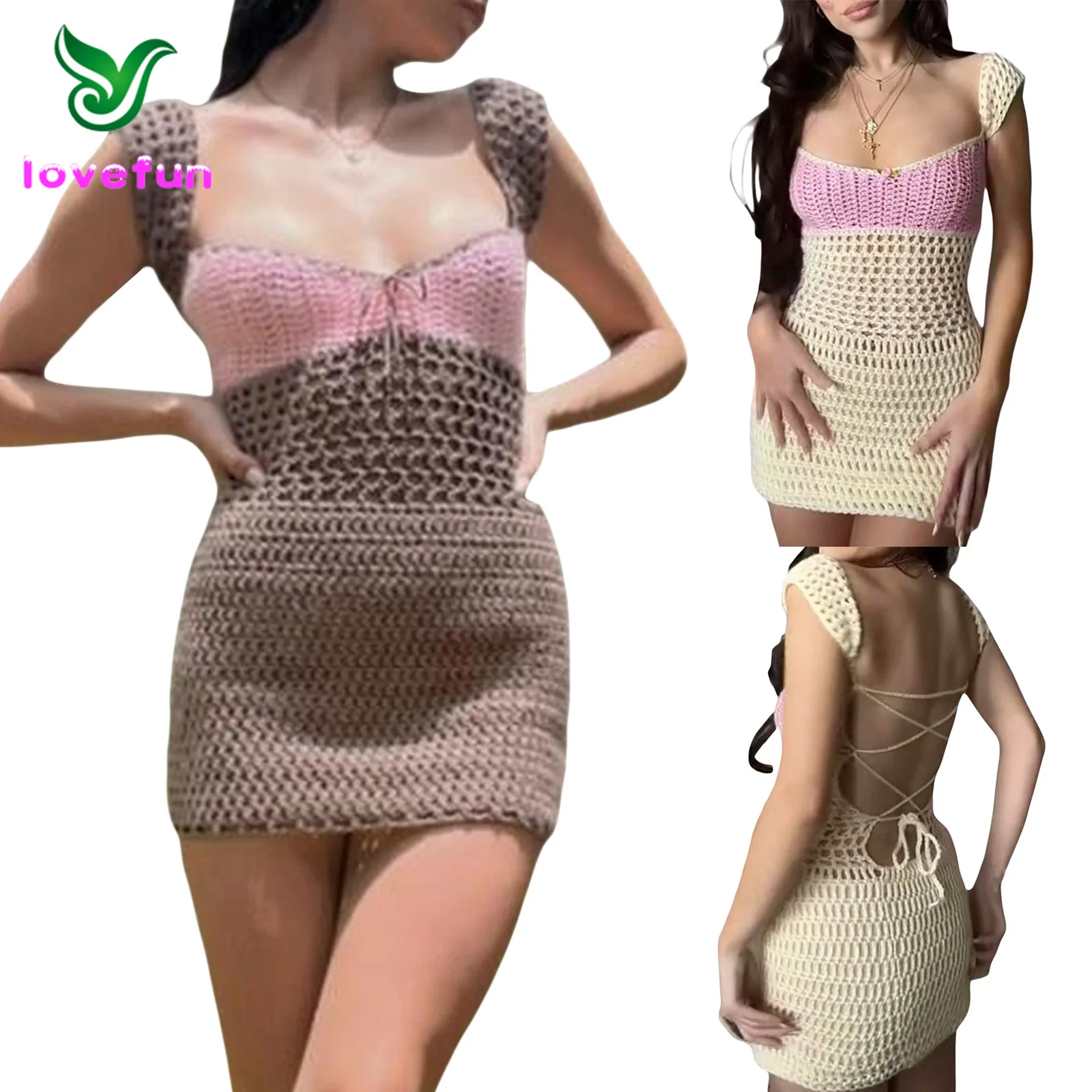 Women Knitted Beach casual skirt Sexy Crochet Hollow Out Bandage Short Sleeve Mini Dress For Women
