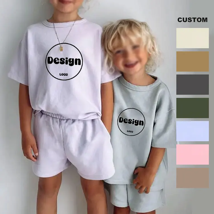 Custom Kids Summer Drop Shoulder Heavyweight T Shirt And Short 2 Piece Sets Toddler 100% Cotton Shorts Set For Girls