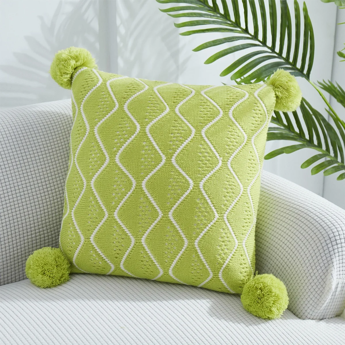 Custom Decorative Designer Acrylic Striped 2024 Spring Green Knitted Throw Pillow Cover for Sofa