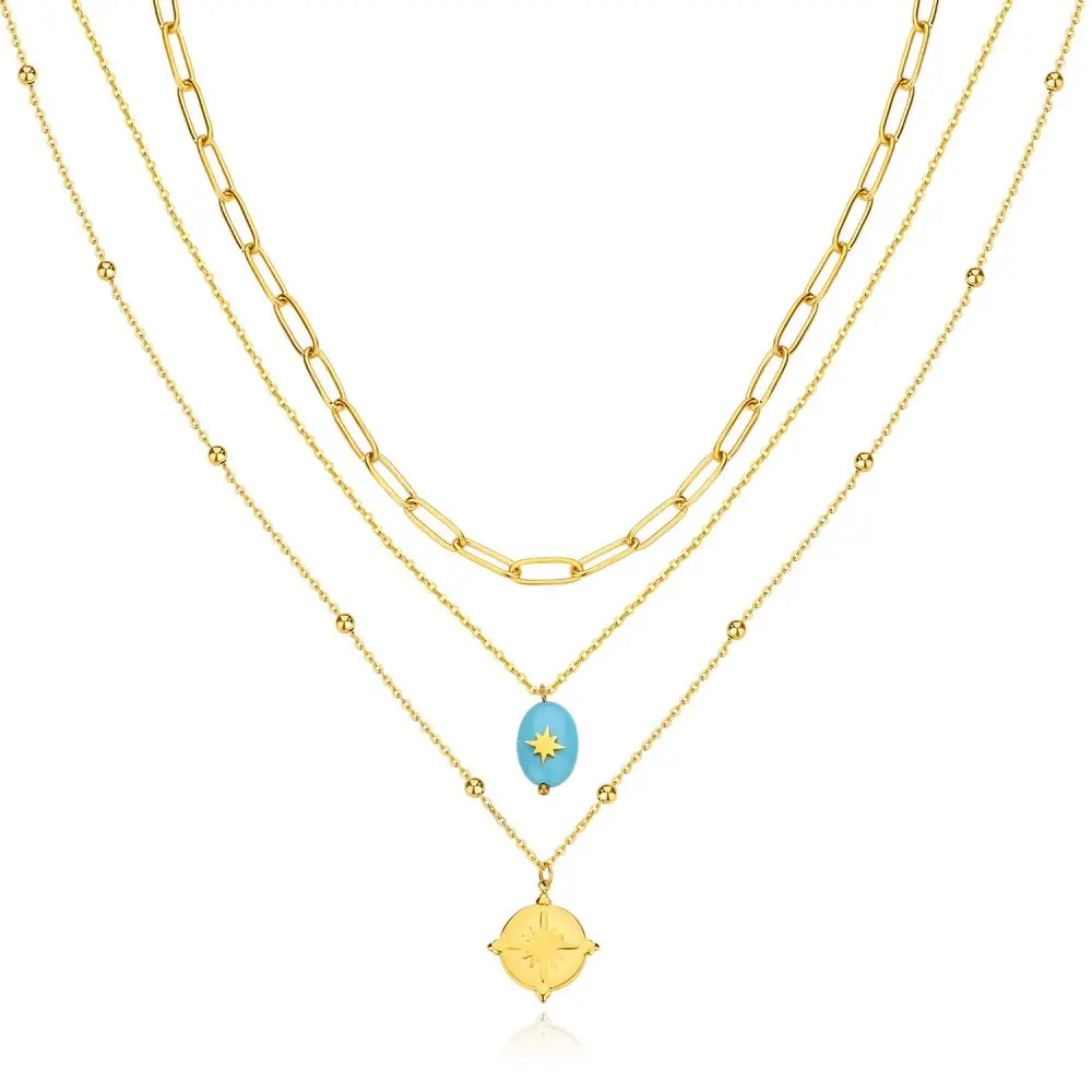 elegant happy stainless steel fancy chain turquoise stone north star pendant three layers necklace for woman