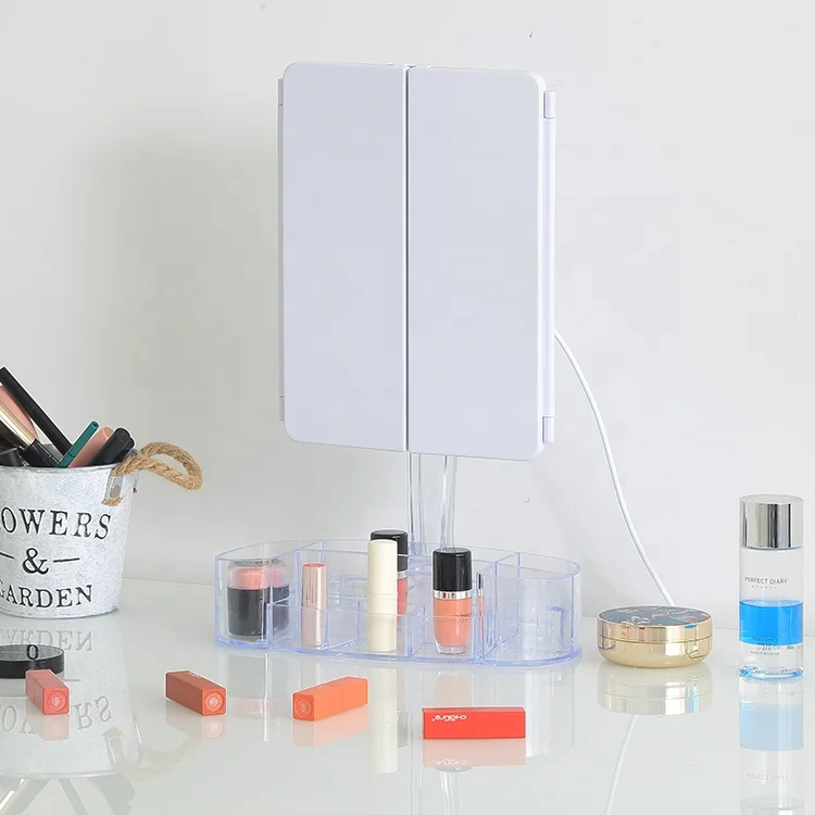 Vanity mirror with speaker rechargeable makeup mirror led folding mirror with organizer
