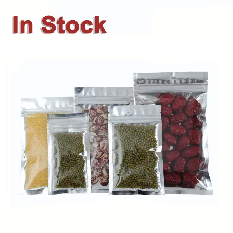 In Stock and Custom Front Clear Silver Aluminum Foil Metallic Flat Resealable Zip Lock Bag For Food Packaging
